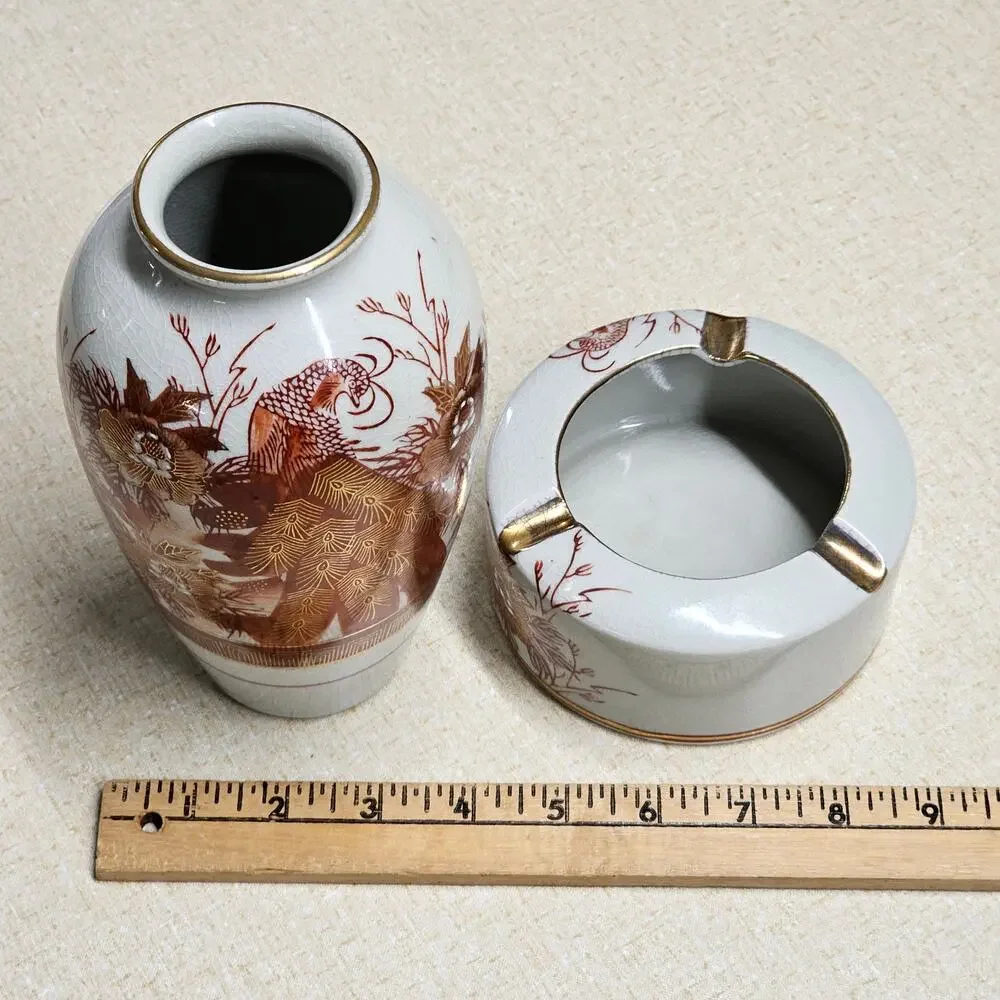 VTG Chinese Phoenix Vase Ashtray Set Gold Gilt Glaze Fenghuang Chinoiserie